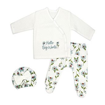 Baby Girls 3 pc Lightly Quilted Hello Big World Layette Set, Cream Floral