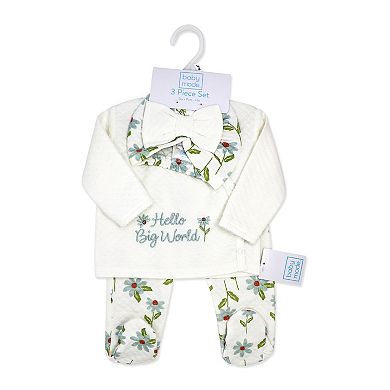 Baby Girls 3 Piece Lightly Quilted Hello Big World Layette Set, Cream Floral