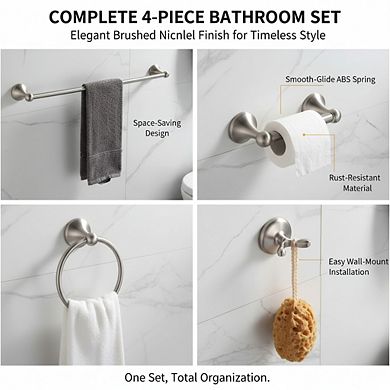 4-Piece Bathroom Accessory Set, Brushed Nickel Adjustable Expandable Towel Bar