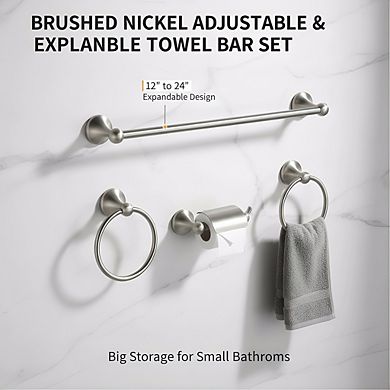 4-Piece Bathroom Accessory Set, Brushed Nickel Adjustable Expandable Towel Bar