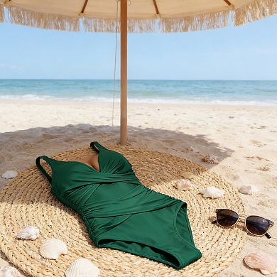 Women's One Piece Swimsuit Deep V Neck Ruched Tummy Control Bathing Suit