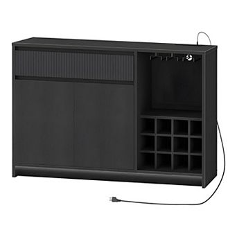 Farmhouse Buffet Cabinet with Built-In AC, USB, Type-C Charging, LED Base Lighting and Wine Storage