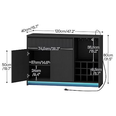 Farmhouse Buffet Cabinet with Built-In AC, USB, Type-C Charging, LED Base Lighting and Wine Storage