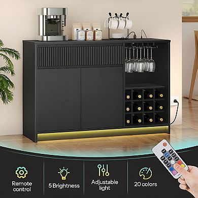 Farmhouse Buffet Cabinet with Built-In AC, USB, Type-C Charging, LED Base Lighting and Wine Storage