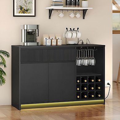 Farmhouse Buffet Cabinet with Built-In AC, USB, Type-C Charging, LED Base Lighting and Wine Storage