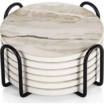 Absorbent Marble Coasters 6 pc Black with Holder, Coffee Table Decor Gift