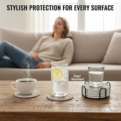 Absorbent Marble Coasters 6pc Black with Holder, Coffee Table Decor Gift