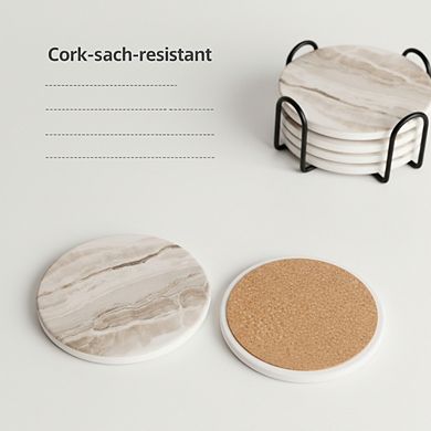 Absorbent Marble Coasters 6pc Black with Holder, Coffee Table Decor Gift