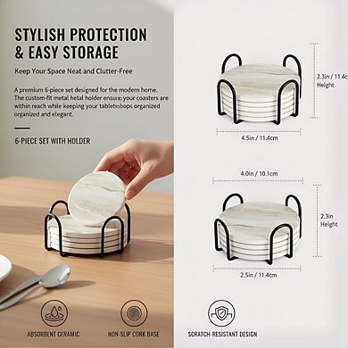 Absorbent Marble Coasters 6pc Black with Holder, Coffee Table Decor Gift