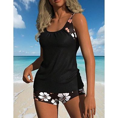 Women's Tankini Set with Hibiscus Print Boyshort Bottom Two Piece Swimsuit