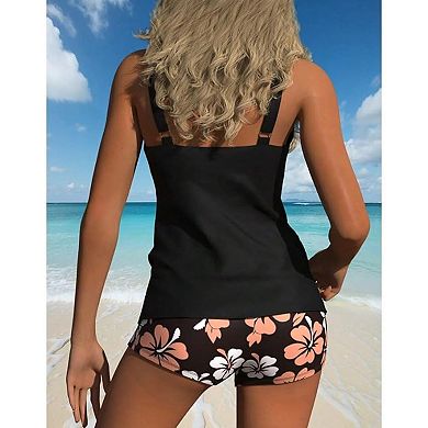 Women's Tankini Set with Hibiscus Print Boyshort Bottom Two Piece Swimsuit