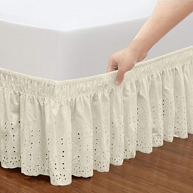 Wrap Around Elastic Eyelet Bed Skirt Three Sided Dust Ruffle Ivory Queen King