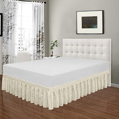 Wrap Around Elastic Eyelet Bed Skirt Three Sided Dust Ruffle Ivory Queen King