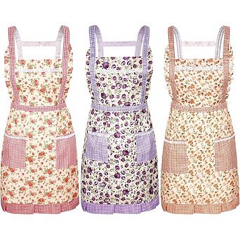Womens Floral Kitchen Aprons Set of Three with Pockets Adjustable Cooking Baking Aprons