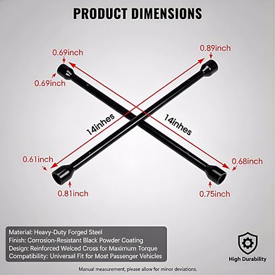 Black Professional 14" 4-Way Cross Lug Wrench, Universal Heavy Duty Tire Iron