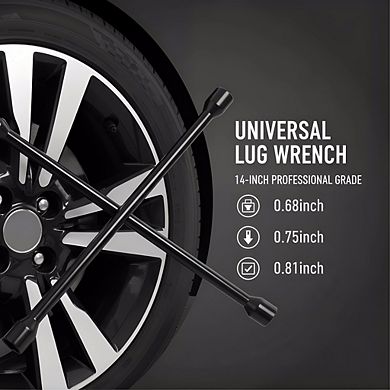 Black Professional 14" 4-Way Cross Lug Wrench, Universal Heavy Duty Tire Iron