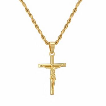 18K Plated Crucifix Cross Necklace 22" Rope Chain Unisex Faith Jewelry