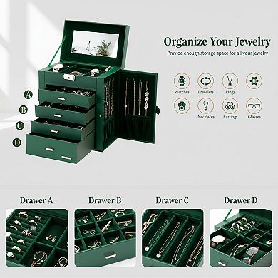 ZUQIETA Synthetic Leather Mirrored Watch Jewelry Organizer Lockable Storage Case