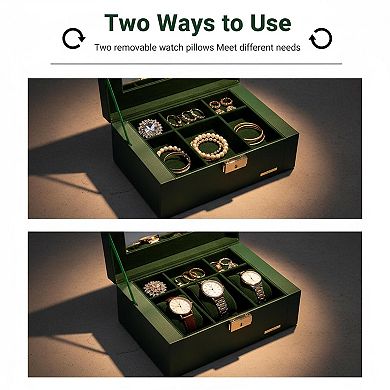 ZUQIETA Synthetic Leather Mirrored Watch Jewelry Organizer Lockable Storage Case