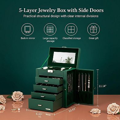 ZUQIETA Synthetic Leather Mirrored Watch Jewelry Organizer Lockable Storage Case