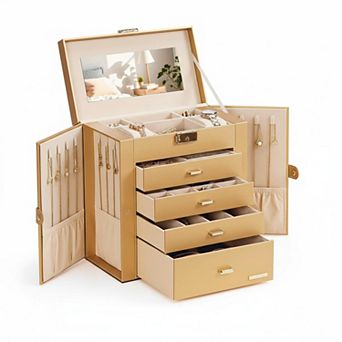 ZUQIETA Synthetic Leather Mirrored Watch Jewelry Organizer Lockable Storage Case