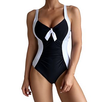 Women's Bow Detail One Piece Swimsuit,Tummy Control Bathing Suit,Adjustable Straps Swimwear