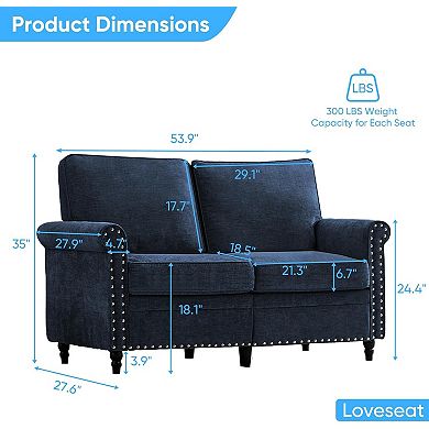 Mjkone54"Chenille Loveseat Sofa with Rivet Design & Gourd Wood Legs for Living Room