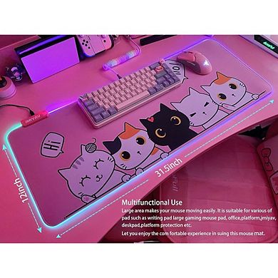 Pink Kawaii Cat RGB Gaming Mouse Pad Large LED Desk Mat Non Slip Rubber