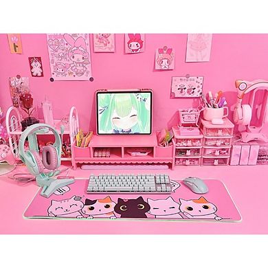 Pink Kawaii Cat RGB Gaming Mouse Pad Large LED Desk Mat Non Slip Rubber
