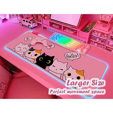 Pink Kawaii Cat RGB Gaming Mouse Pad Large LED Desk Mat Non Slip Rubber