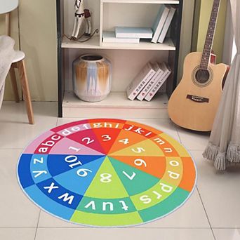 Alphabet Circle Rug 4ft Round Nonslip Educational Play Mat Rainbow Kids Floor Carpet
