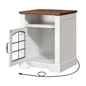 Farmhouse End Table with Built-In Charging Station, Triple-Layer Storage, Glass Door Cabinet