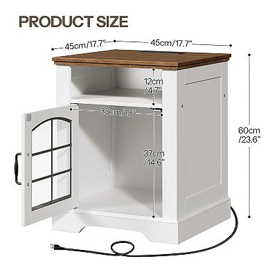 Farmhouse End Table with Built-In Charging Station, Triple-Layer Storage, Glass Door Cabinet