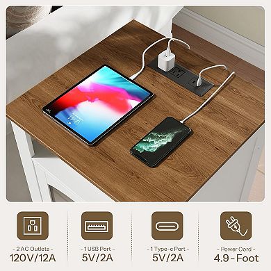Farmhouse End Table with Built-In Charging Station, Triple-Layer Storage, Glass Door Cabinet