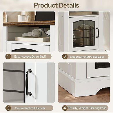 Farmhouse End Table with Built-In Charging Station, Triple-Layer Storage, Glass Door Cabinet