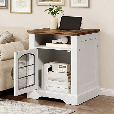 Farmhouse End Table with Built-In Charging Station, Triple-Layer Storage, Glass Door Cabinet