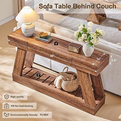 60" Farmhouse Narrow Console Table with 2 Drawers & Shelf, Rustic Entryway Sofa Table