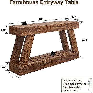 60" Farmhouse Narrow Console Table with 2 Drawers & Shelf, Rustic Entryway Sofa Table