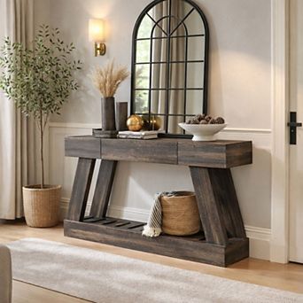 60" Farmhouse Narrow Console Table with 2 Drawers & Shelf, Rustic Entryway Sofa Table