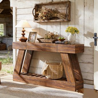 60" Farmhouse Narrow Console Table with 2 Drawers & Shelf, Rustic Entryway Sofa Table