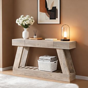 60" Farmhouse Narrow Console Table with 2 Drawers & Shelf, Rustic Entryway Sofa Table