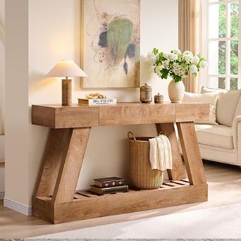 60" Farmhouse Narrow Console Table with 2 Drawers & Shelf, Rustic Entryway Sofa Table