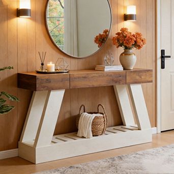 60" Farmhouse Narrow Console Table with 2 Drawers & Shelf, Rustic Entryway Sofa Table