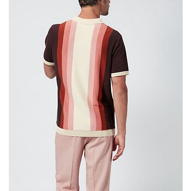 Men's Striped Stand Collar Knit Polo Shirt Casual Button Tee Top