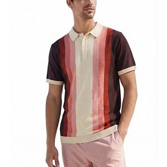 Men's Striped Stand Collar Knit Polo Shirt Casual Button Tee Top
