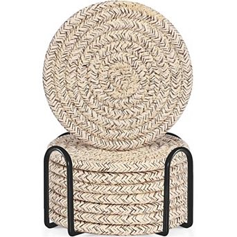 Mixed Brown Cotton Coasters Set of 8 with Holder, Absorbent 4.3 Inch Minimalist Tabletop Protection