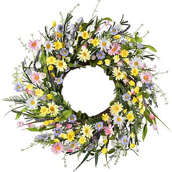Artificial Colorful Daisy Spring Summer Wreath for Front Door Home Decor