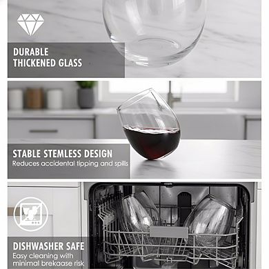 12-Pack Stemless Wine Glasses 15oz, Smooth Rim Dishwasher Safe for Red/White
