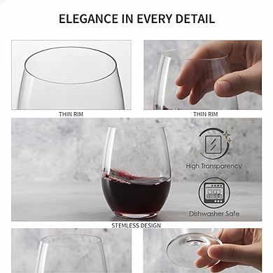 12-Pack Stemless Wine Glasses 15oz, Smooth Rim Dishwasher Safe for Red/White