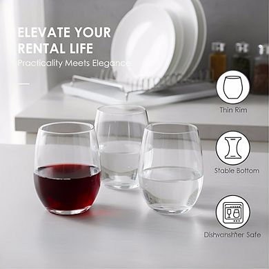 12-Pack Stemless Wine Glasses 15oz, Smooth Rim Dishwasher Safe for Red/White